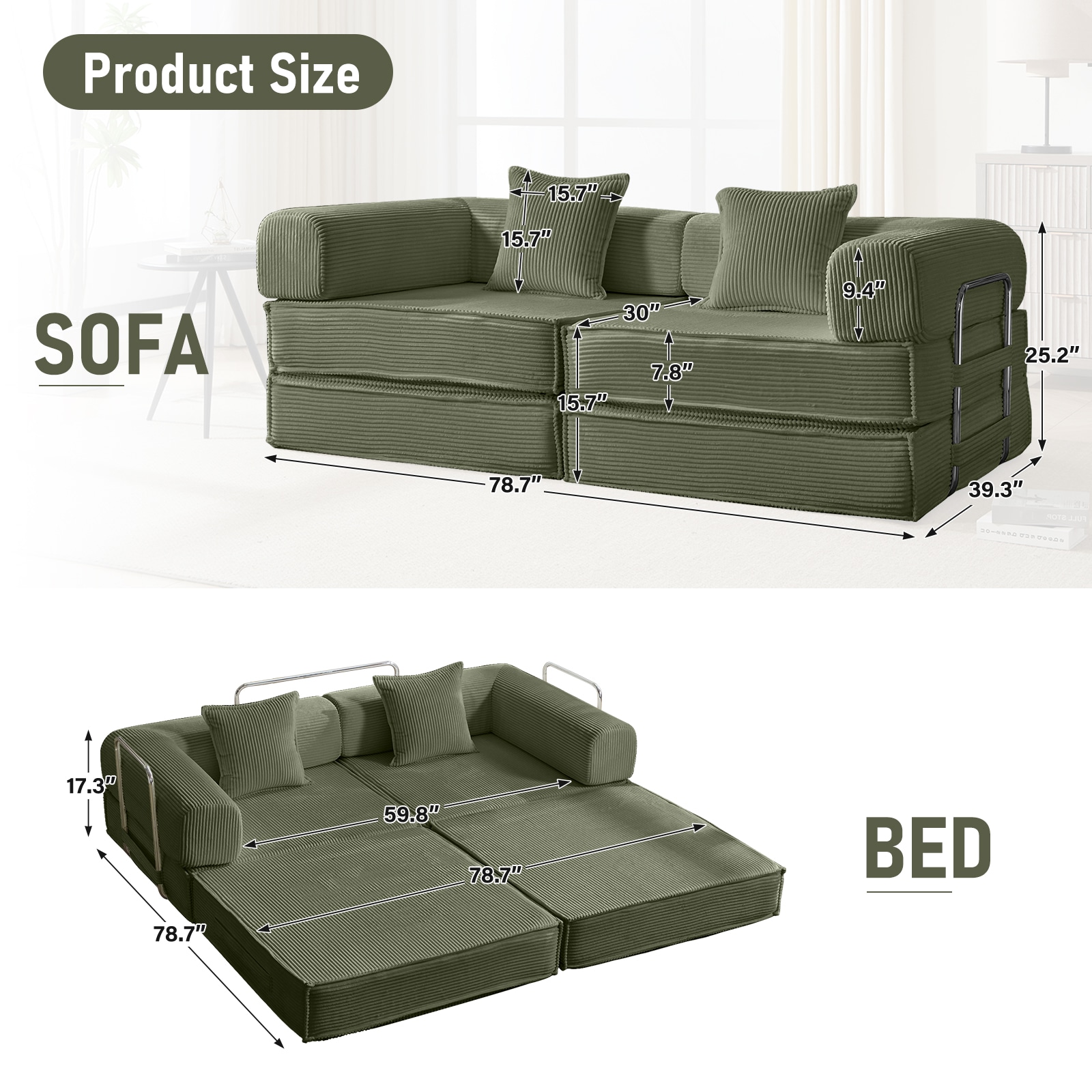 Convertible Sleeper Sofa Bed Modular Corduroy Couch With Pillows_voghion.com